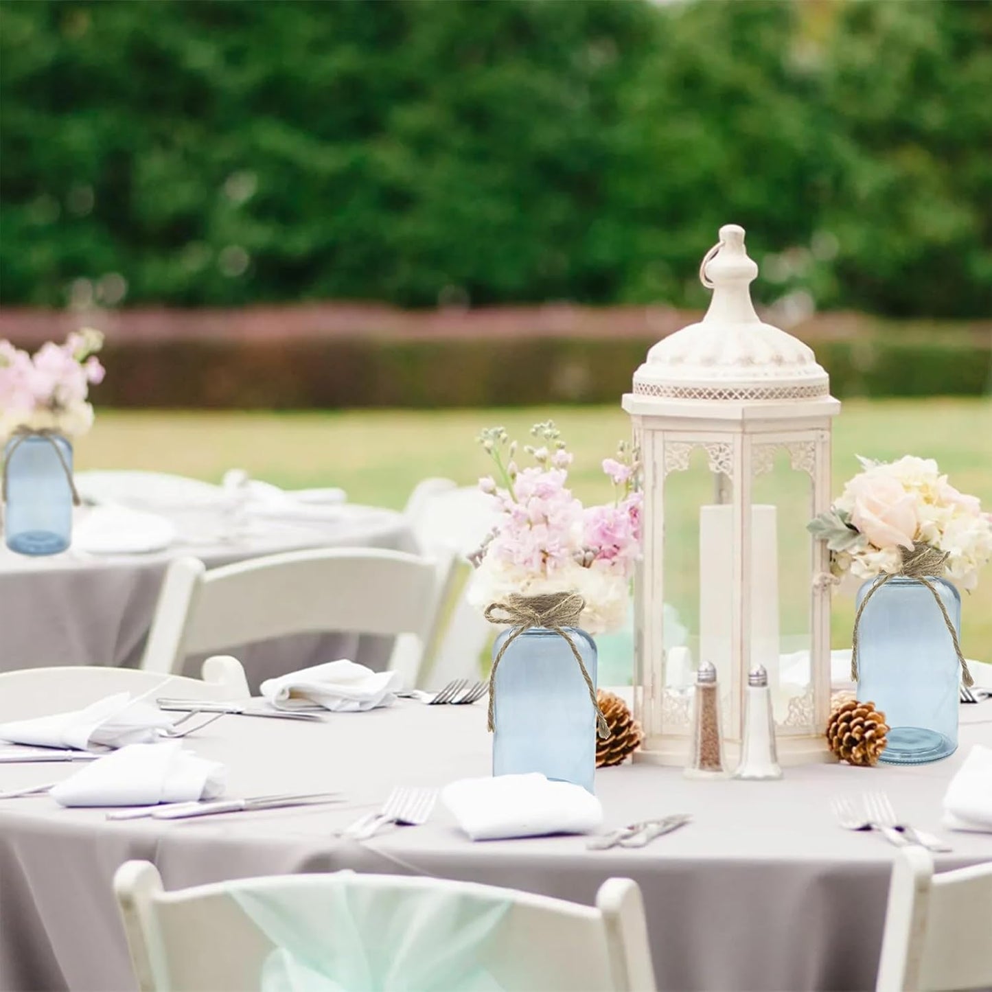 Vintage Glass Flower Vase，6 Pack Blue Farmhouse Glass Centerpiece Vases Mason Jars for Weddings, Parties & Home Decor Bulk (6, Blue)