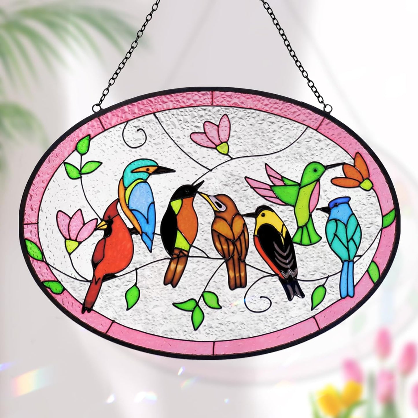 Huray Rayho Birds On A Branch Stained Glass Ornament, 9.5''x6.7'' Cardinal Hummingbird Suncatcher Hand-Painted Double Side Glass Panel Window Hanging Decor Bird Lover Gift for Mom, Grandma, Teacher