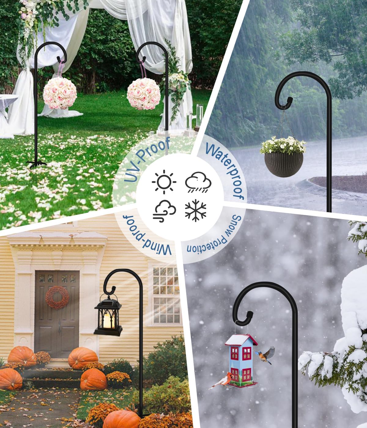 108 inch Outdoor Shepherd Hook with 5 Prong Base (2 Packs), Adjustable Heavy Duty Garden Hanging Stake for Bird Feeder Solar Light Plant Hanger Wedding Decor, Matte Black