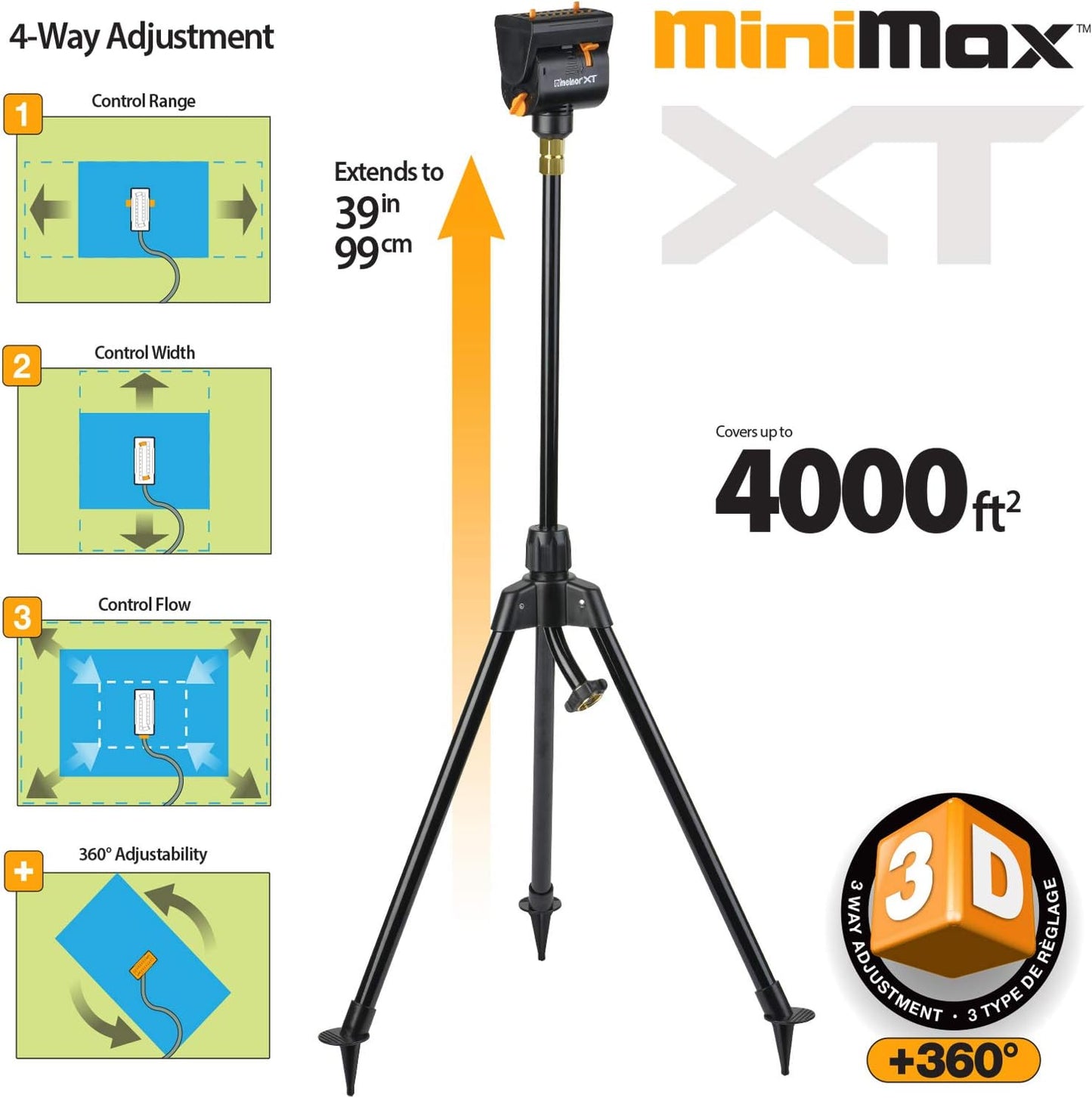 Melnor 65178AMZ MiniMax Turbo Oscillating Sprinkler on Tripod, 4000 sq. ft., 4-Way Adjustable, Quick Connect Bundle, Black, Yellow