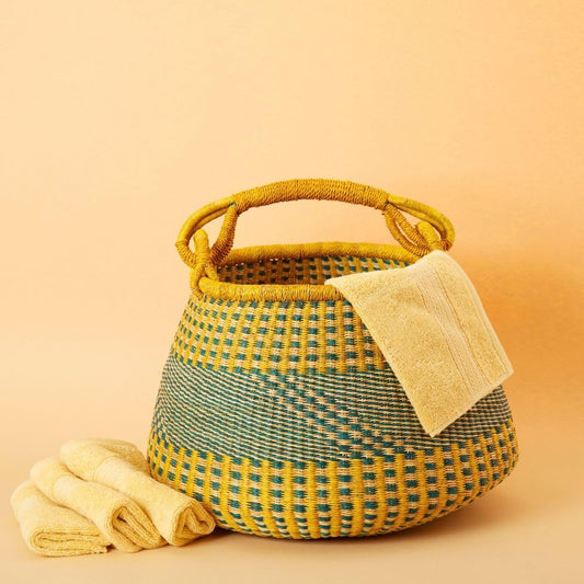 Home & Kitchen Decor, Wicker Basket, Picnic Basket, Living Room Basket, Organizing, Harvesting, Foraging, Fruit Storage, Hand Woven, Pot Shape, 16" Wide, Boho - Yellow Teal