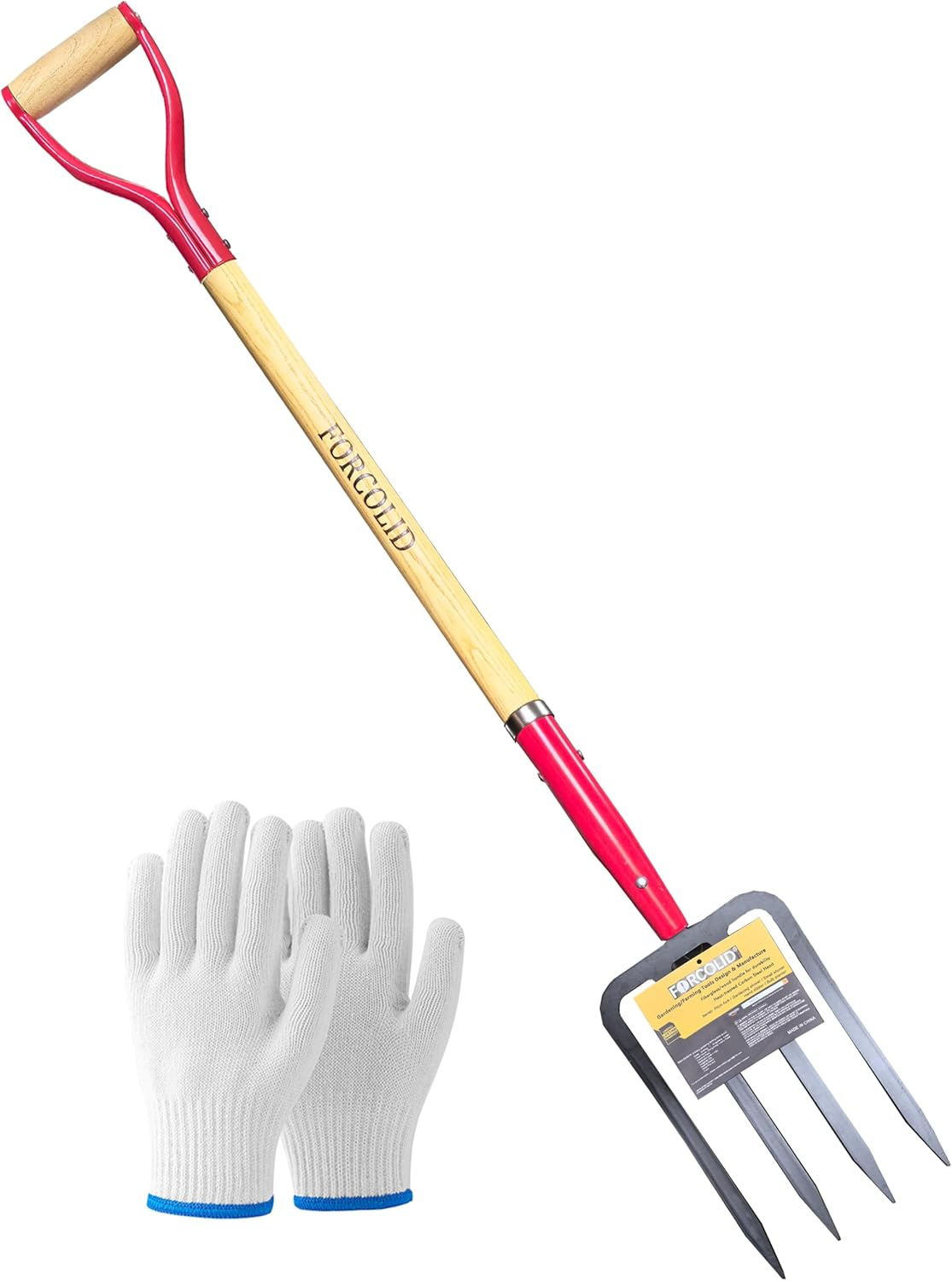 Garden Fork, 4-Tine Spading Digging Fork, Pitch Fork-45Inch, Forged Steel Y-Grip, Wood Handel-Red