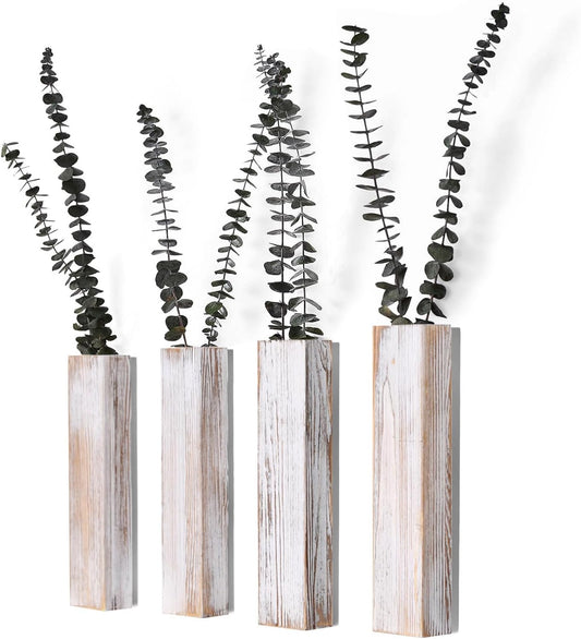 Wooden Wall Planter Set of 4 - Modern Home Decor for Living Room, Bedroom, Bathroom - Vintage Finish Planter for Dried Flowers, Faux Greenery, Indoor Plants
