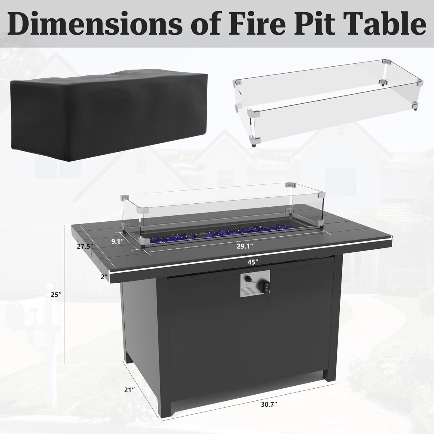 Kurapika Aluminum Propane Fire Pit Table 45 Inch 55,000 BTU Auto-Ignition, CSA Certification Outdoor Gas Fire Pits with Slide Out Tank Holder, Outdoor Fire Tables Wider Desktop, Windshield and Lid