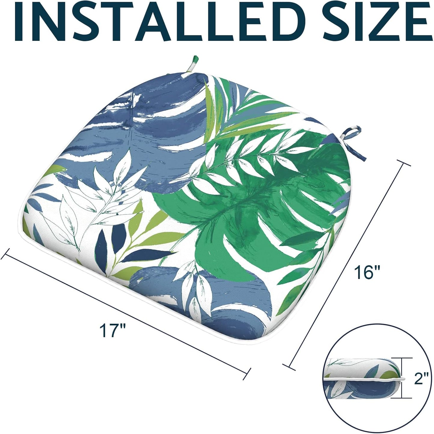 Indoor/Outdoor Chair Cushions 16x17 Inch, Patio Chair Cushions with Ties, All Weather Seat Cushions for Patio Furniture Home Garden Chair Use, Set of 4, Islamorada Blue Green