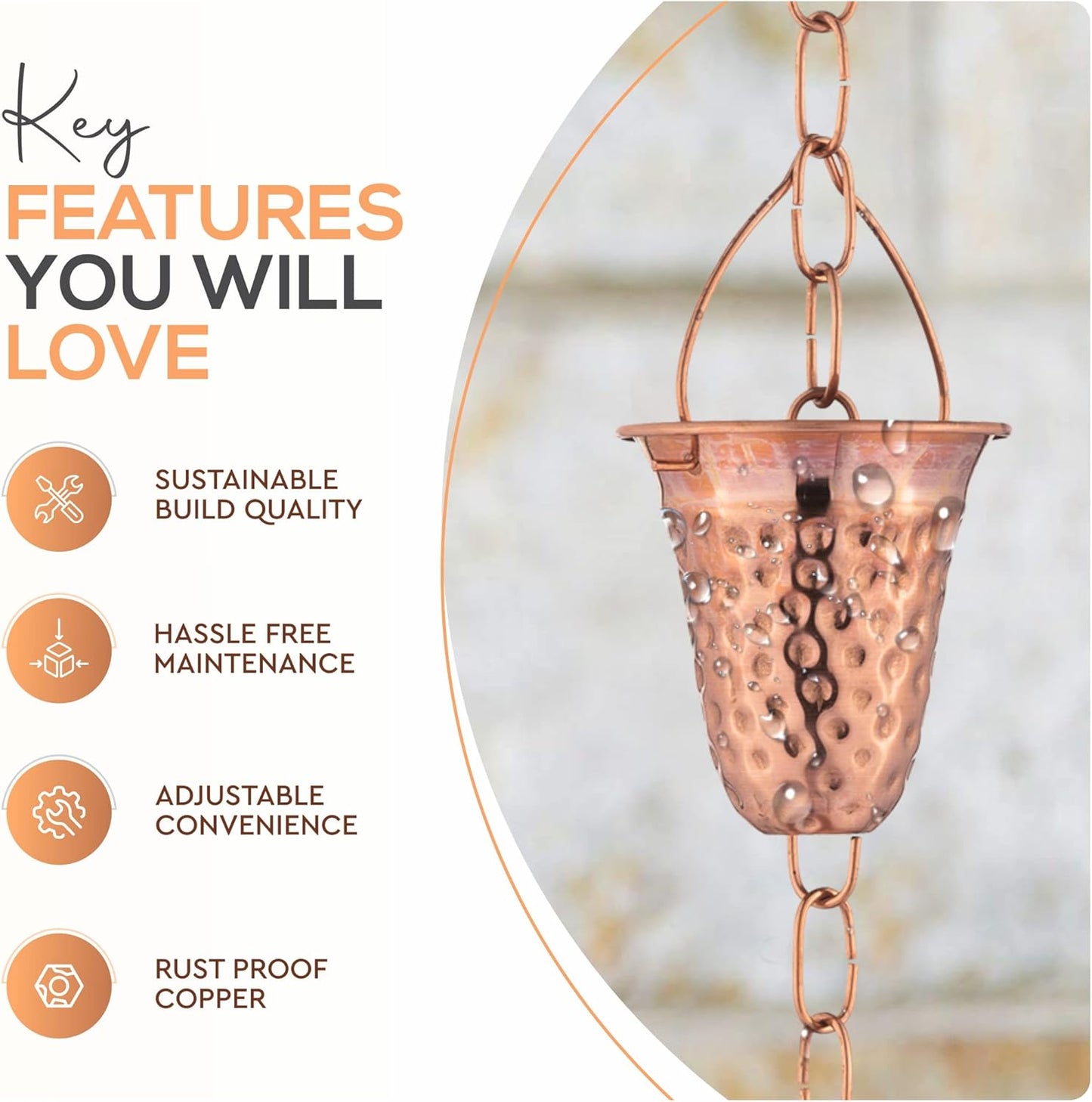 Copper Hammered Rain Chain – Decorative Chimes & Cups Replace Gutter Downspout & Divert Water Away from Home for Stunning Fountain Display – 3’ Long for Universal Fit – Bell Style