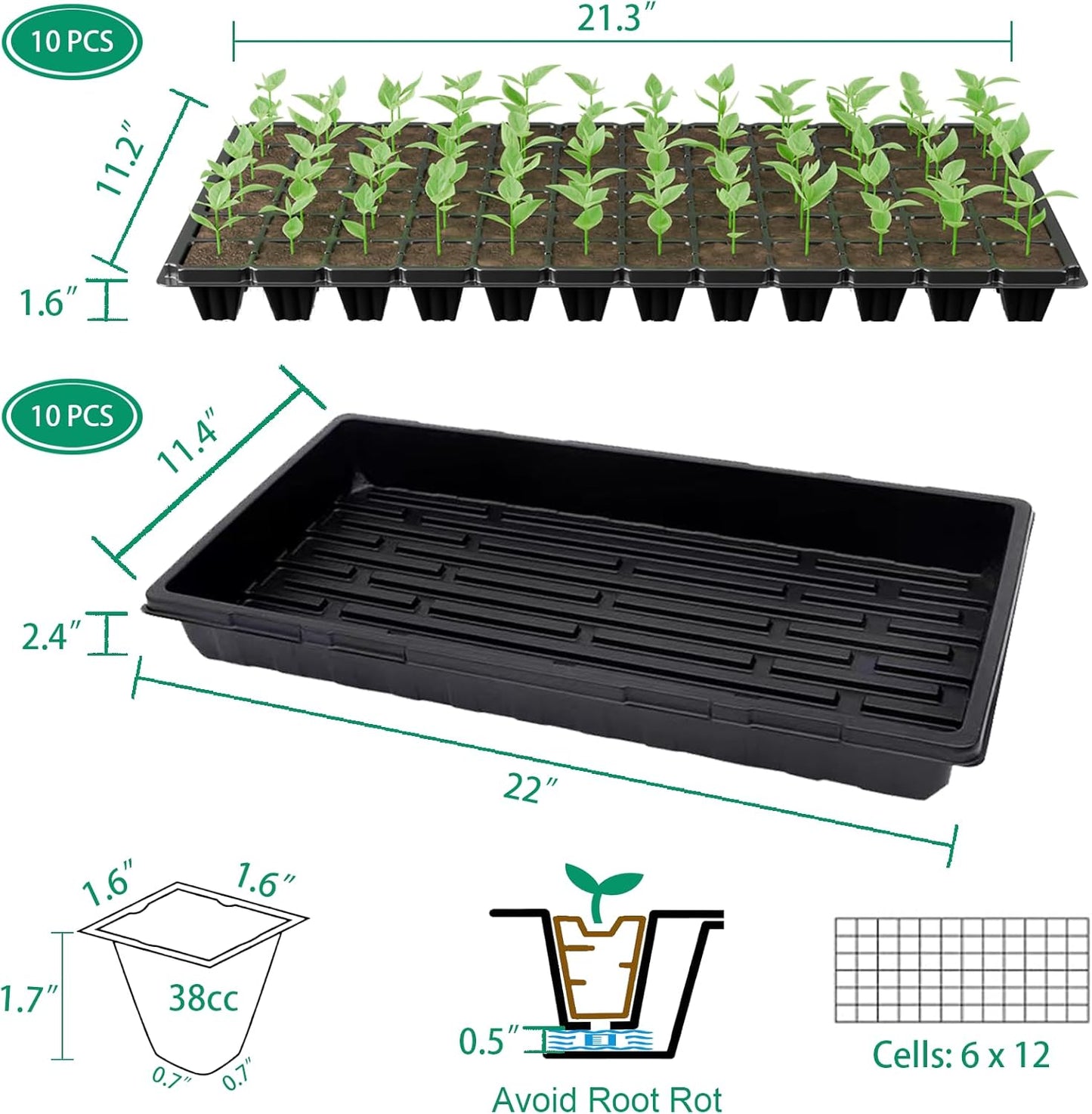 20 Pack Flower and Plant Cultivation Trays,1020 Seed Starting Trays No Holes and 72 Cell Seedling Starter Plugs Reusable for Microgreen Seedling Germination, Indoor Outdoor Gardening