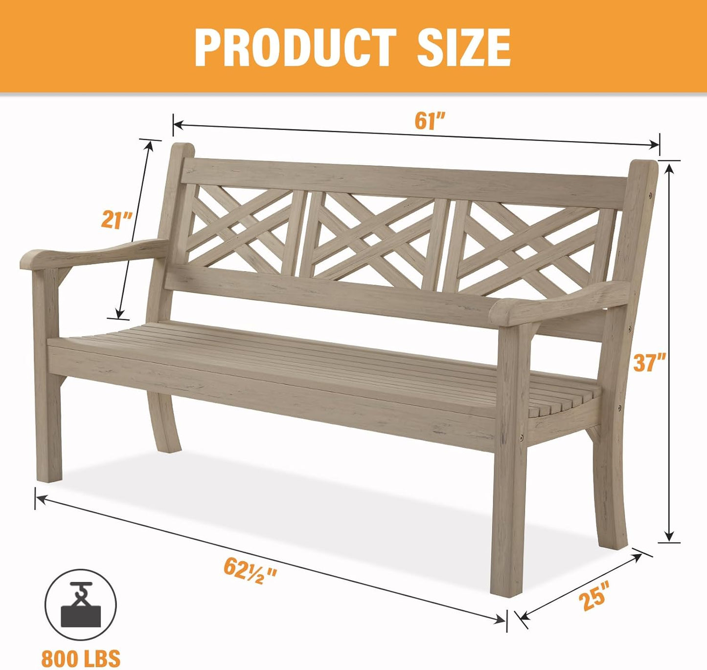 Psilvam 63''W All-Weather Poly Lumber Outdoor Bench – Teak Color, 3-Person Garden Bench with Decorative Backrest & Curved Armrests, Anti-Rot & Fade-Free Patio Bench for Porch, Backyard, and Park(Grey)