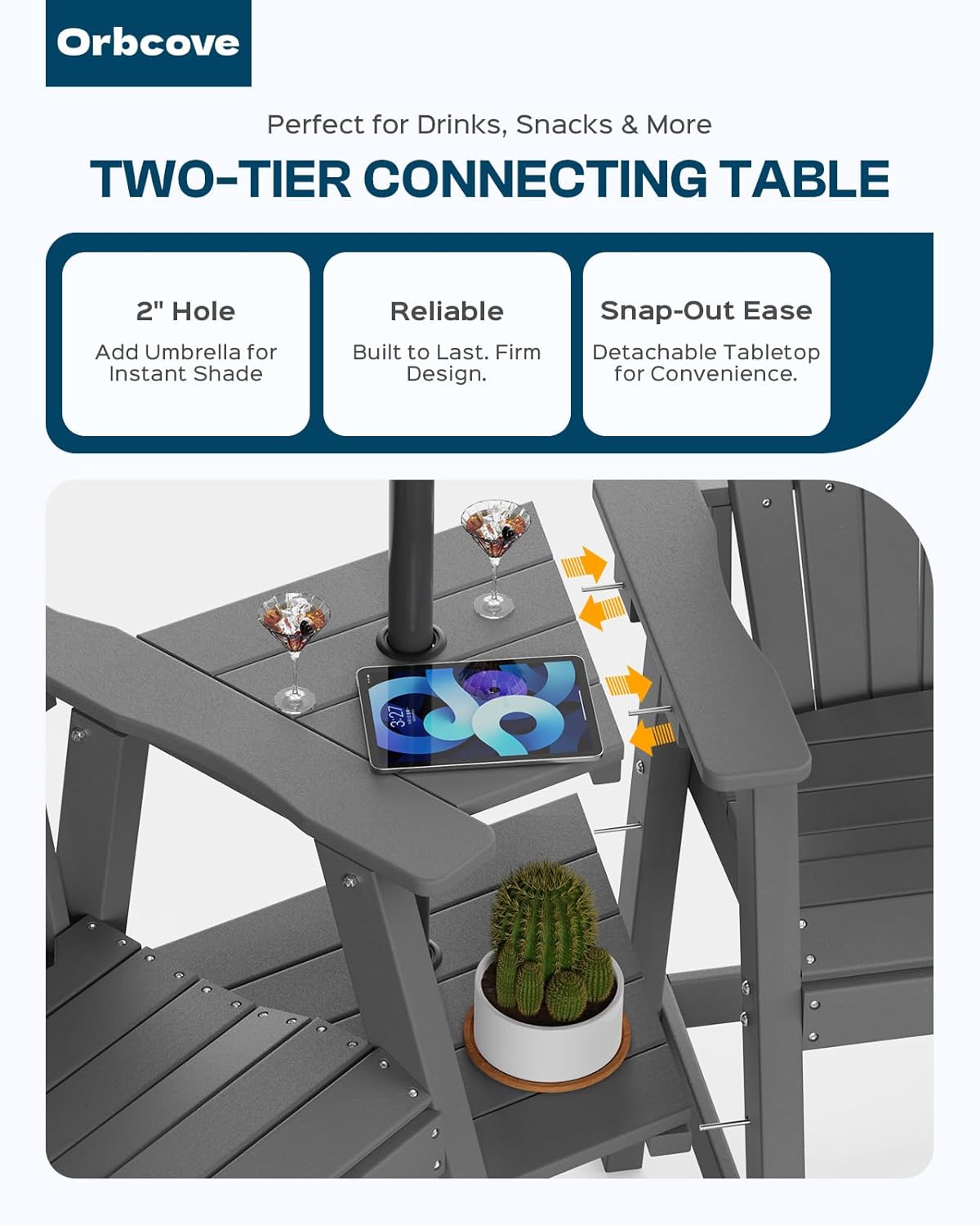 Tall Adirondack Chairs Set of 2 with Double Layer Connecting Table, HDPE Bar Height Outdoor Table and Chairs with Umbrella Hole, All Weather Outdoor Bar Stools for Patio, Deck, Backyard (Grey)