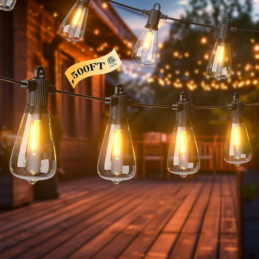 FOOMAN LED Outdoor String Lights, 500FT Outside Waterproof Hanging Patio Lights with 250+10 Shatterproof ST38 Edison Bulbs, 2700K Warm White, Dimmable Light for Back Yard Porch Party Gazebo Bistro