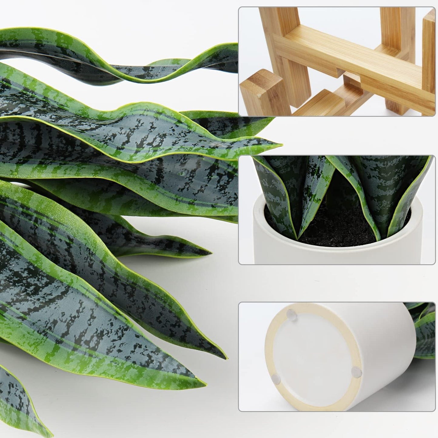 Hollyone Artificial Snake Plant Potted with Solid Wood Plant Stand, 19" Faux Sansevieria Tropical White Ceramic Pots Fake Plants for Home Office Indoor Decor Housewarming Gift