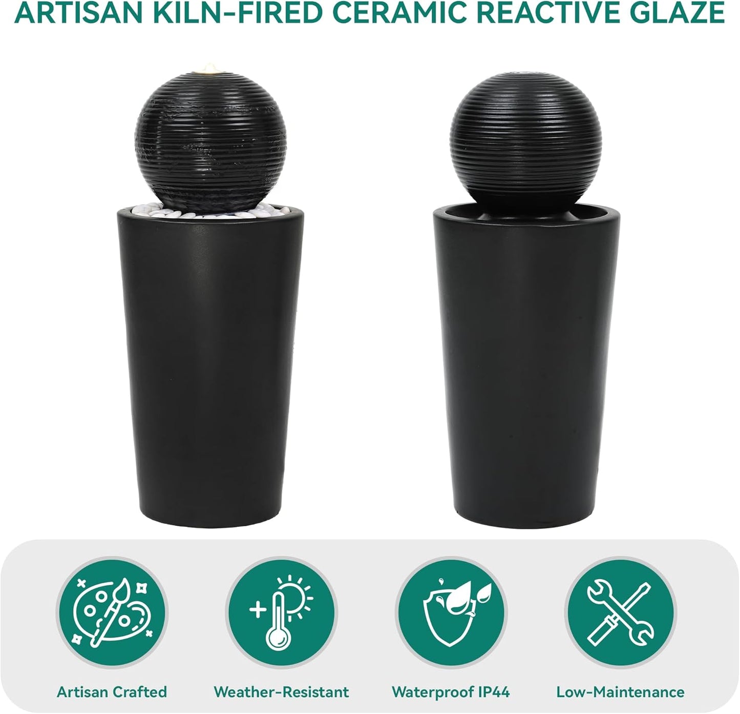 Autodaya 30" H Ceramic Sphere Water Fountain with LED Light, Modern Minimalist Design, Black Glaze with White Pebbles, Soothing Trickling Water Feature, Adding Artistic Charm & Tranquil Ambiance