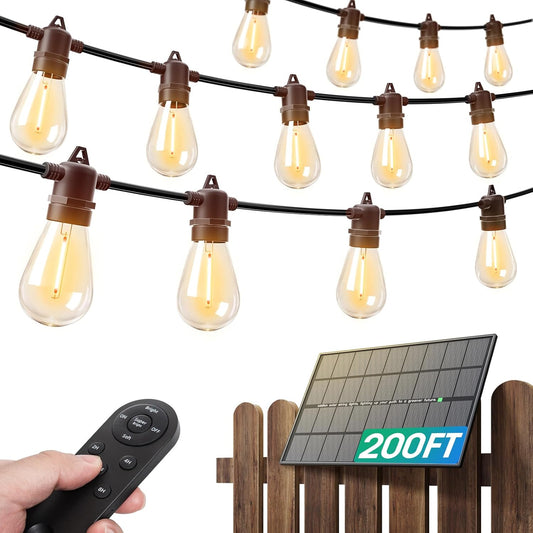 addlon 200FT(192+8) Solar String Lights Outdoor Waterproof with 6W Panel USB & Remote Control Patio Lights Long Last for 20+Hrs Dimmable Solar Power LED Bulbs for Porch Garden Market Bistro Backyard