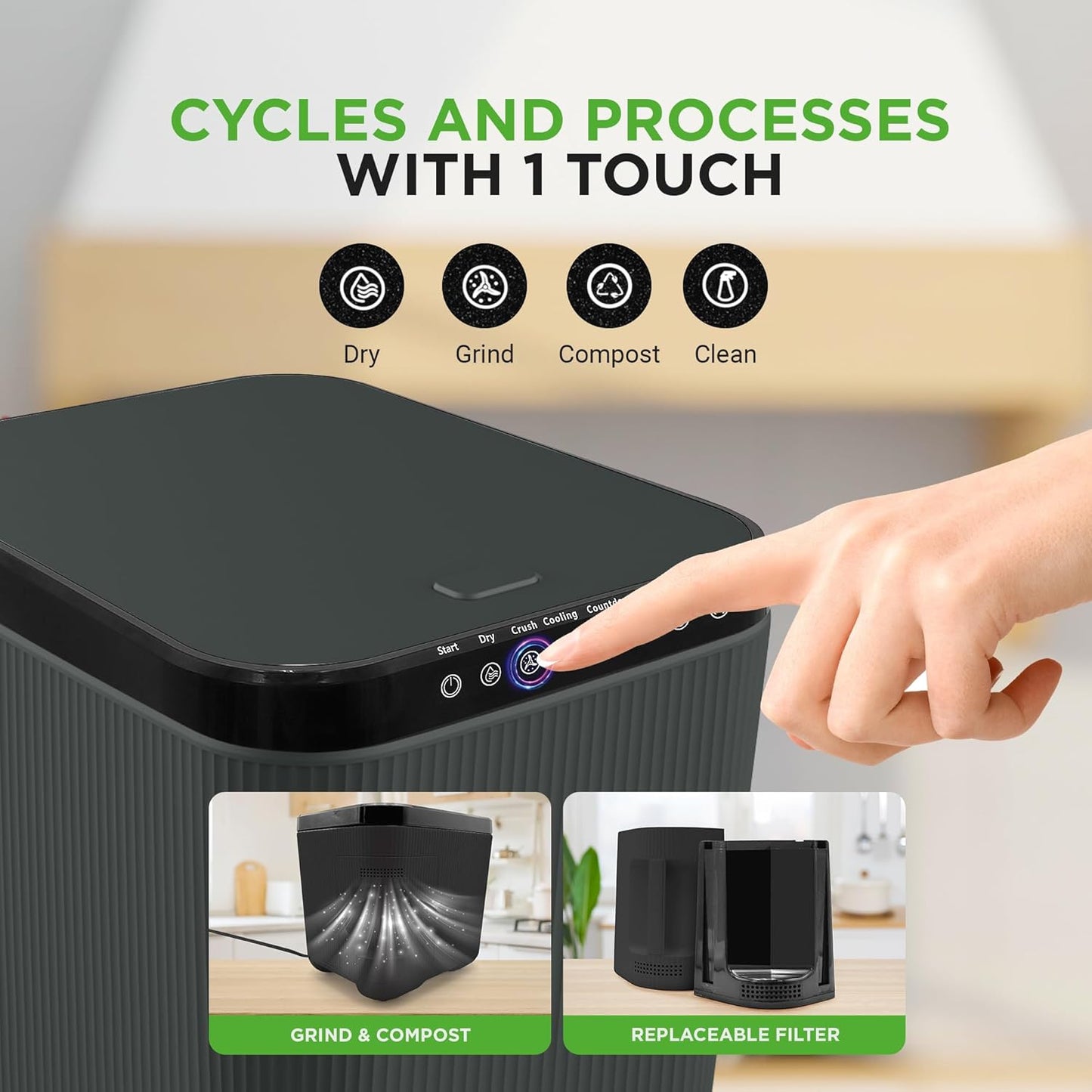 NutriChef Electric Kitchen Composter | 3 Quart Food Recycler | Food Waste Compost Bin for Countertop | 1 Button to Compost, Easy to Clean Composter Bucket | Low Noise, Odorless & Auto Clean | Grey