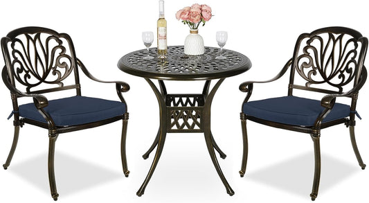 MEETWARM 3 Piece Patio Bistro Set, Outdoor All-Weather Cast Aluminum Dining Furniture Set Includes 2 Cushioned Chairs and a 31” Round Table with Umbrella Hole for Garden Deck, Navy Blue
