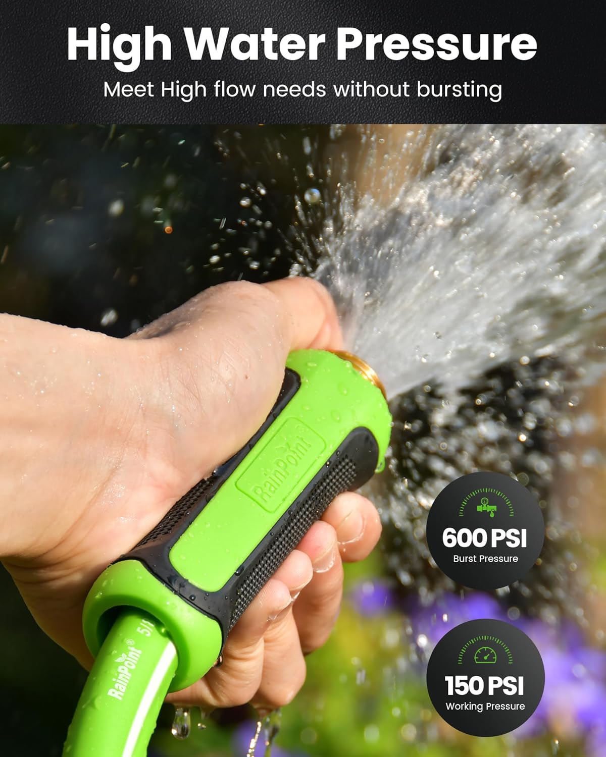 RAINPOINT Garden Hose 50ft - Flexible Heavy Duty Water Hose with Swivel Handle - Lightweight, Hybrid Rubber, 5/8", Male to Female