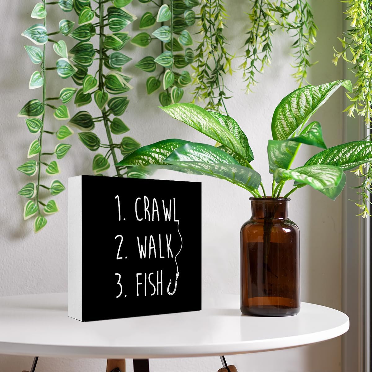 Black Crawl Walk Fish Rustic Wooden Sign, Funny Baby Fishing Wood Block Desk Decor for Home Bedroom Baby Room Shelf Table