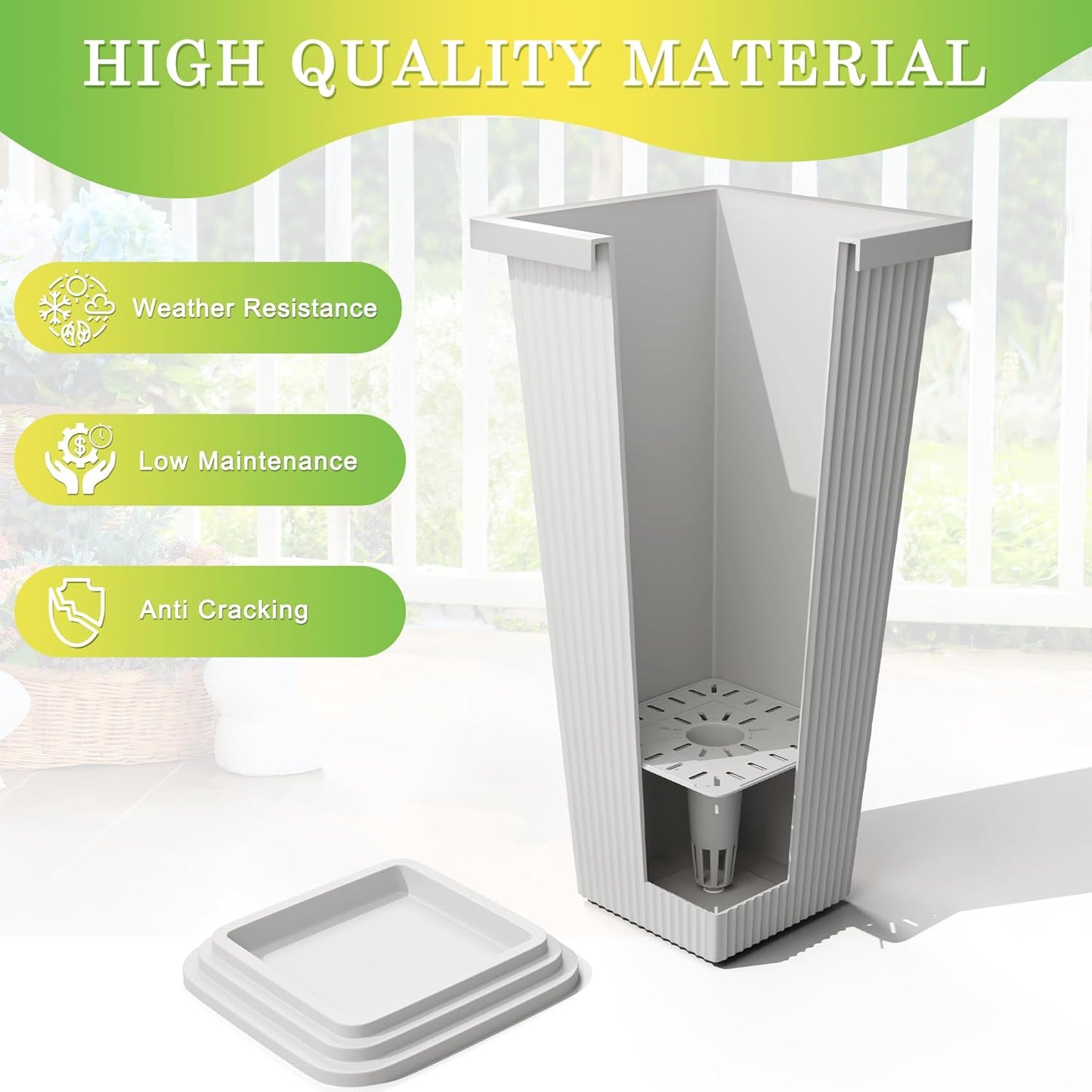 Set of 2 Large Tall Planter for Indoor or Outdoor 24" Flower Pots Tapered Tall Planters with Tray for Porch, Patio, Backyard, Large Planters for Outdoor Indoor Plants(White,Striped)