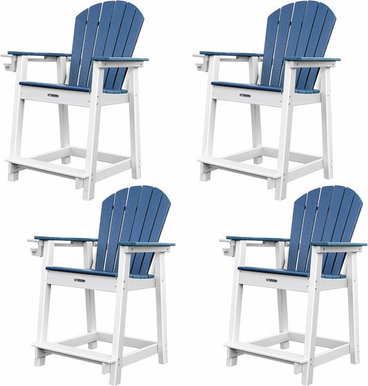 Tall Adirondack Chairs Set of 4 Adirondack Barstools, Weather Patio Garden Pool Fire Pit Balcony Outdoor Bar Stools HDPE Plastic Barstools with Backs for Garden, Backyard, Yard (Blue)