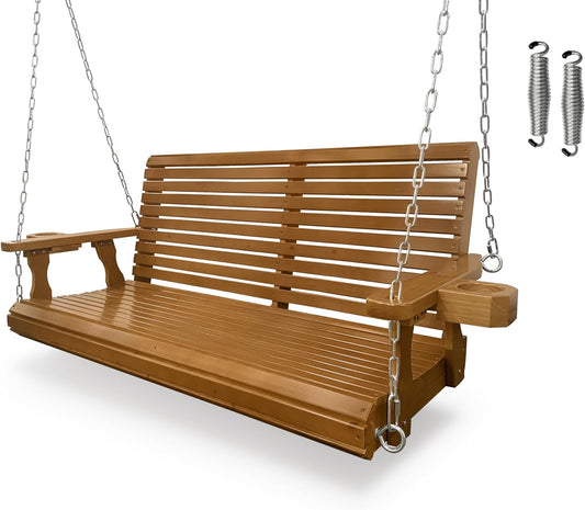 Wooden Porch Swing 2-Seater, Bench Swing with Cupholders, Hanging Chains and 7mm Springs, Heavy Duty 880 LBS, for Outdoor Patio Garden Yard (Cedar Tone, 4.5 FT Extra Large)