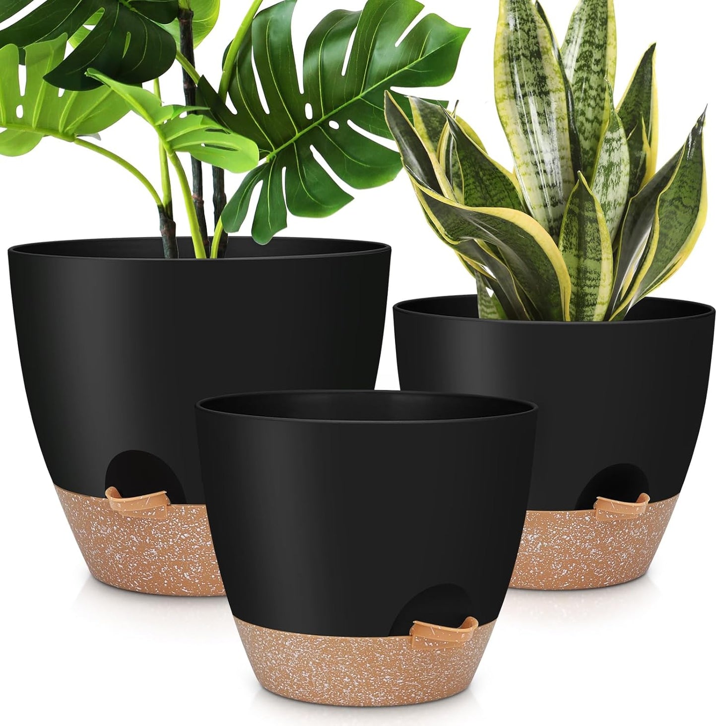 12" 10" 9" Large Self Watering Plant Pots, 3 Pack Flower Pots Planters with Multi Mesh Drainage Holes for Indoor Outdoor Garden Plants and Flowers (Black)