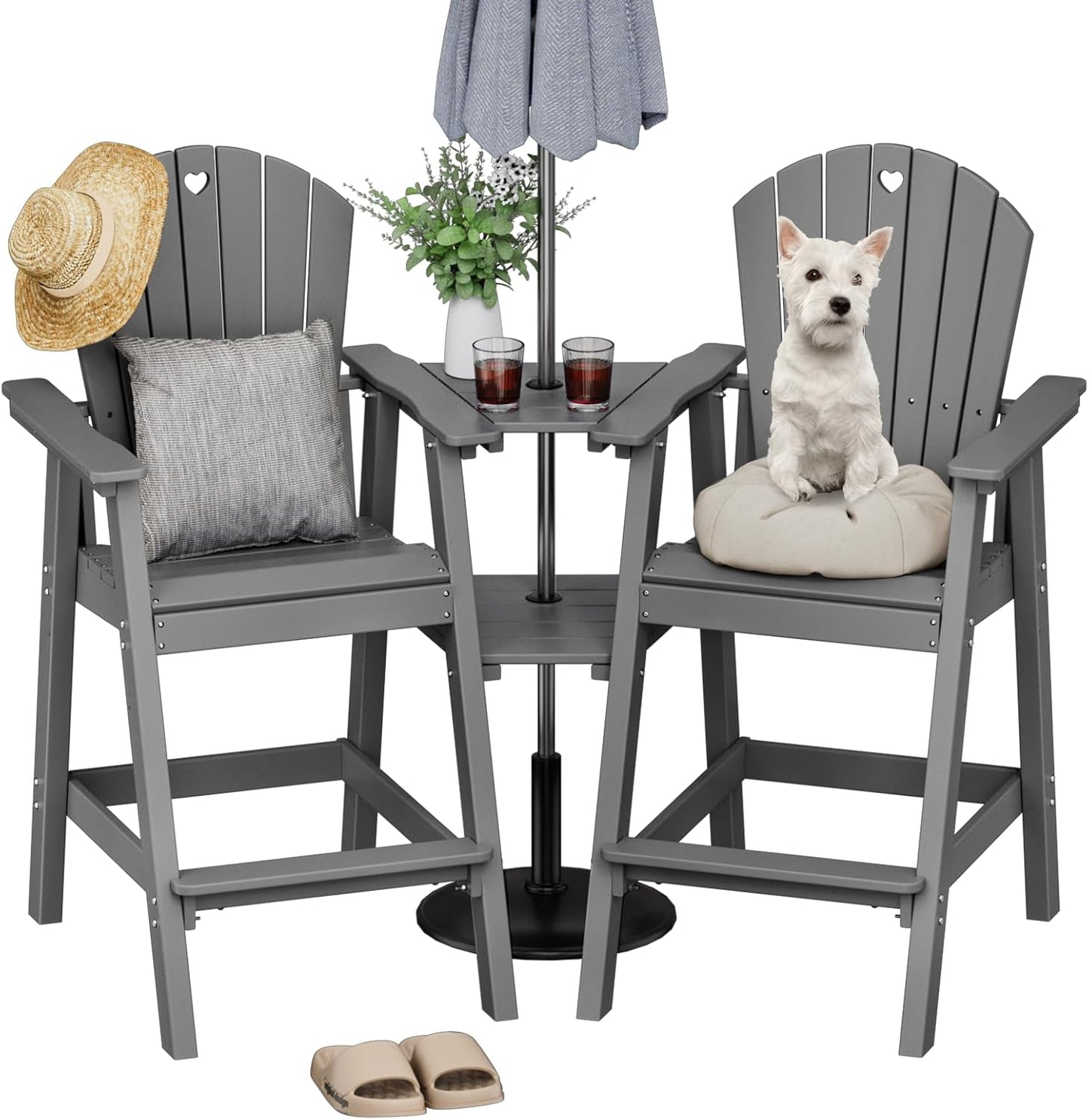 Tall Adirondack Chairs Set of 2-Durable HDPE Outdoor Bar Stools with Double Connecting Tray, Weatherproof Patio Furniture for Poolside, Backyard, Deck & Lawn Relaxation (Gery)