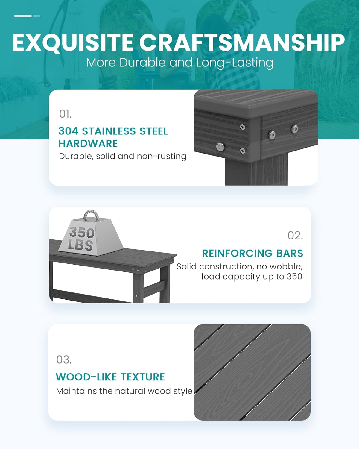 SERWALL 41" Outdoor Bar Table, All Weather HDPE Patio Bar Counter Height Table, Rectangle Patio Bar Table for Outside, Garden, Backyard, Balcony, Poolside, Grey