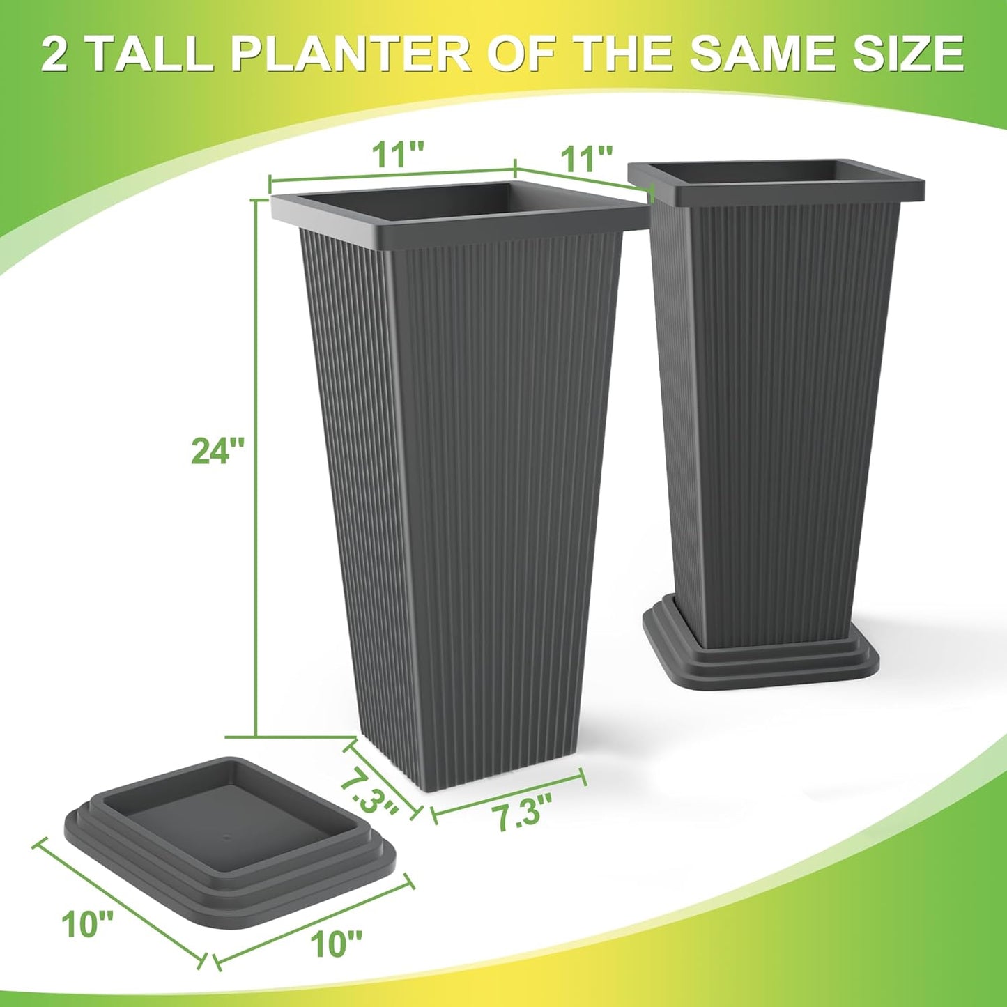 Set of 2 Tall Planters, 24" Large Indoor Outdoor Flower Pots with Tray, Modern Tapered Planters for Porch, Patio, Garden, Backyard