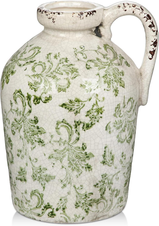 Ceramic Rustic Farmhouse Vase, 9 inch Ceramic Green and White Vase for Centerpieces Pampas Grass Pottery Jug with Handle Boho Chinoiserie Decor Vintage Vases for Living Room Kitchen Dinner Table Shelf