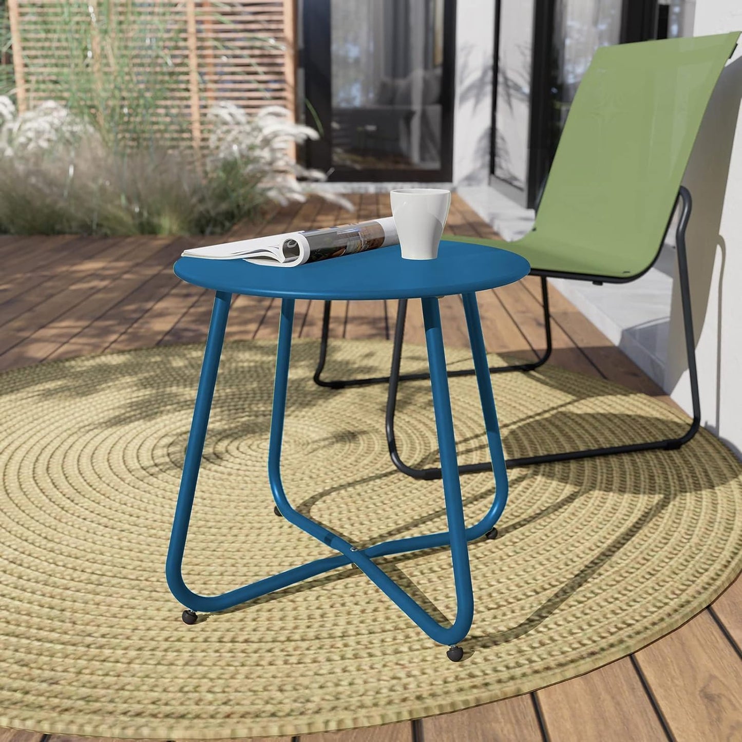 Peacock Blue Patio Side Table, 18" Weatherproof Steel Outdoor Indoor Side Table for Garden, Balcony, Pool & Tailgate, Rust-Resistant Lightweight Portable Patio End Table