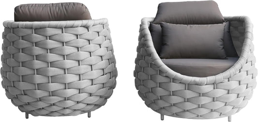 TWT 2 Pieces Patio Furniture Aluminum Armchair, All-Weather Teslin Rope Outdoor Single Sofa, Metal Outdoor Chair with Dark Grey Cushions