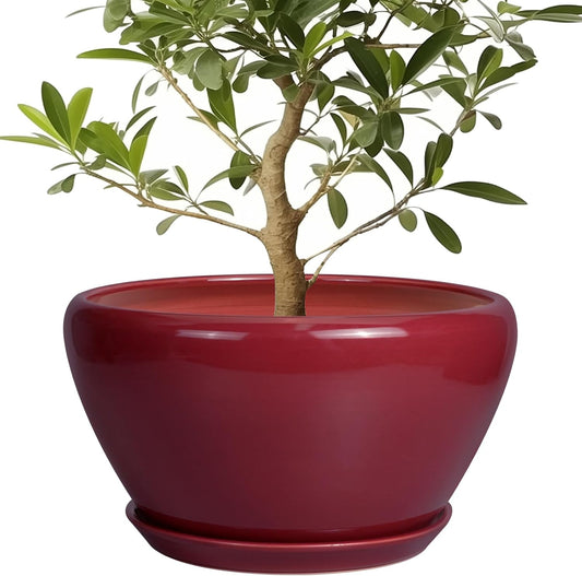 Ceramic Planter - Indoor Plant Pot with Drainage Hole and Saucer 13 Inch Large Pots for Plants Round Modern Outdoor Flower Pot Mid-Century Patio Room Decor Red