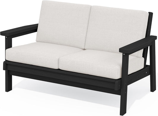 SERWALL HDPE Outdoor Patio Loveseat, Black Frame and Khaki Cushion