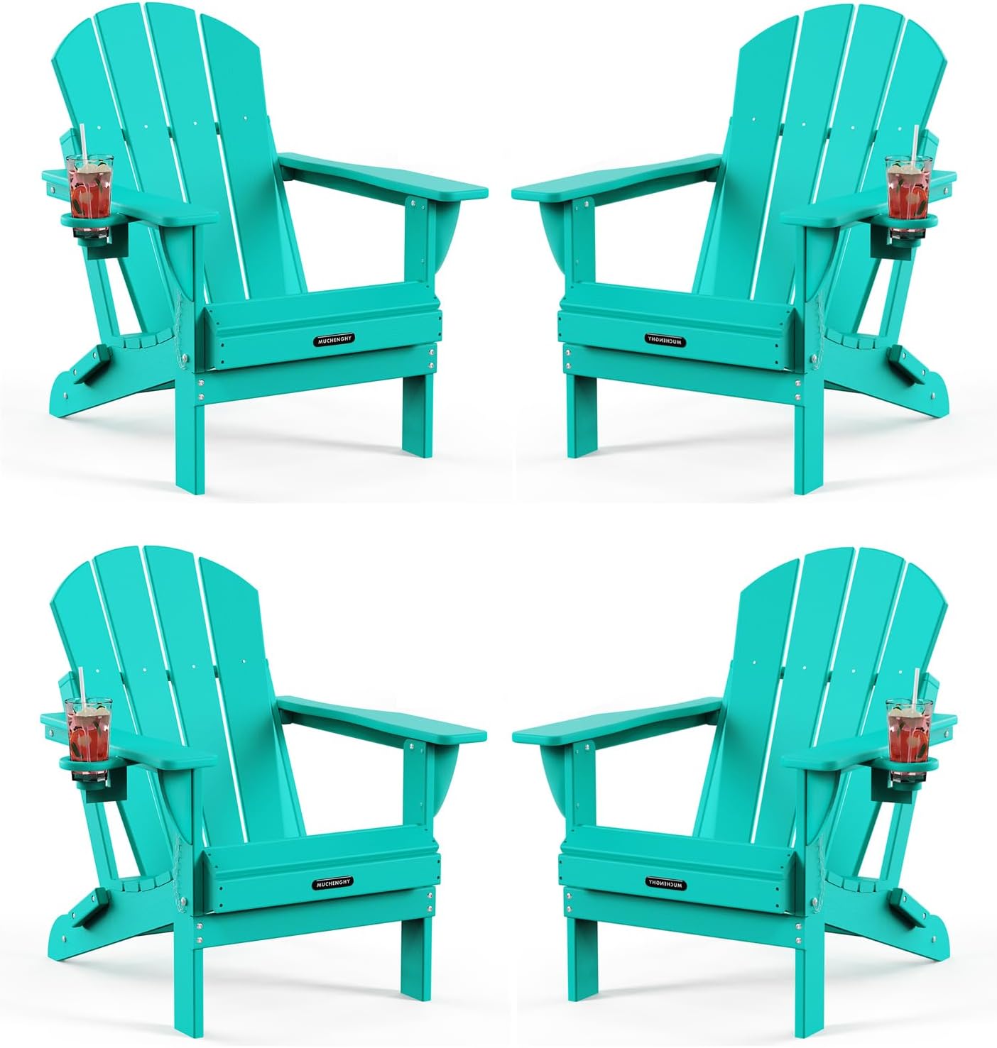 MUCHENGHY Folding Adirondack Chairs 4 Pack, Patio Chairs, Outdoor Chairs, Adirondack Chair Plastic, Fire Pit Chairs, Weather Resistant with Cup Holder for Deck, Backyard, Garden(Lake Blue)