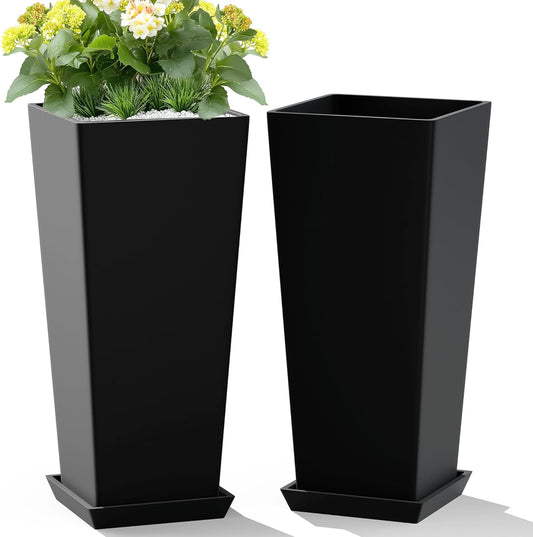 Set of 2 Large Tall Planter for Indoor or Outdoor 24" Flower Pots Tapered Tall Planters with Tray for Porch, Patio, Backyard, Large Planters for Outdoor Indoor Plants(Black)