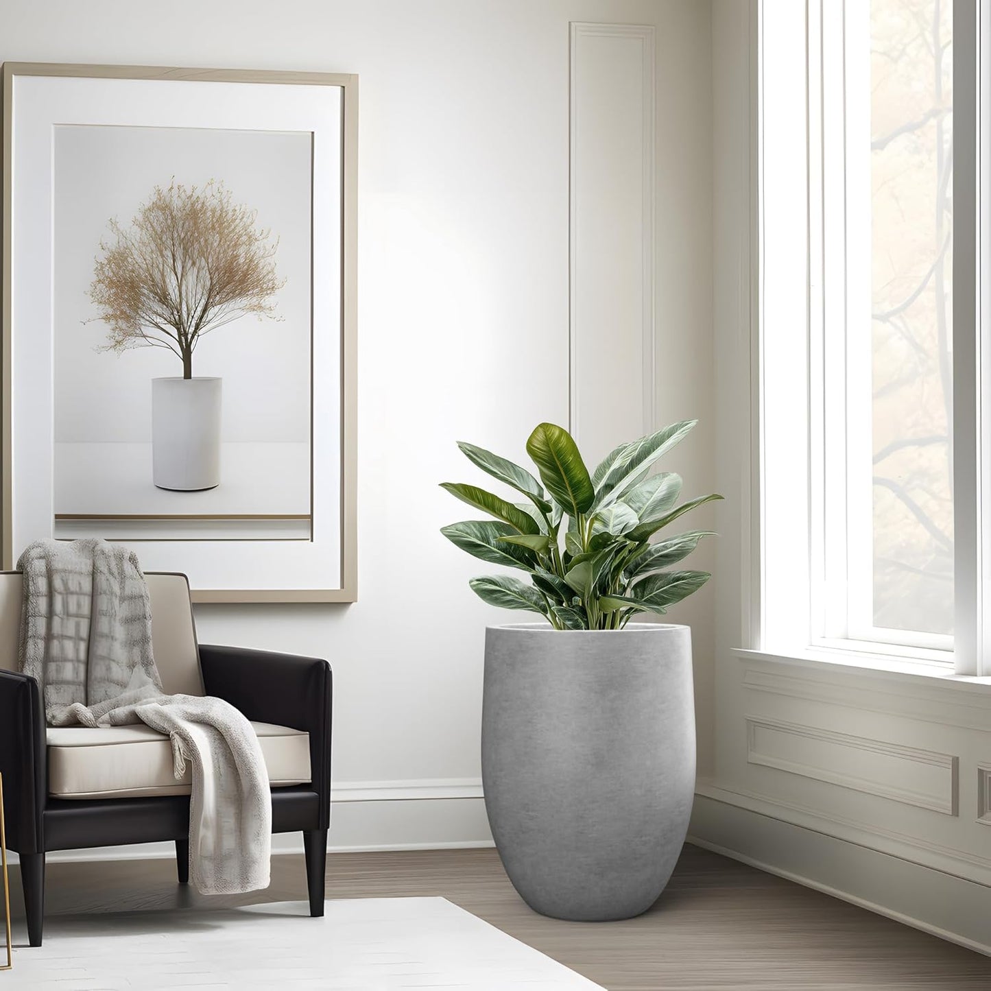 Kante Tall Concrete Planter, 21.7-Inch Height Gray Large Indoor Outdoor Plant Pot with Drainage Hole for Patio Garden Home, Modern Decor for Flowers and Tree