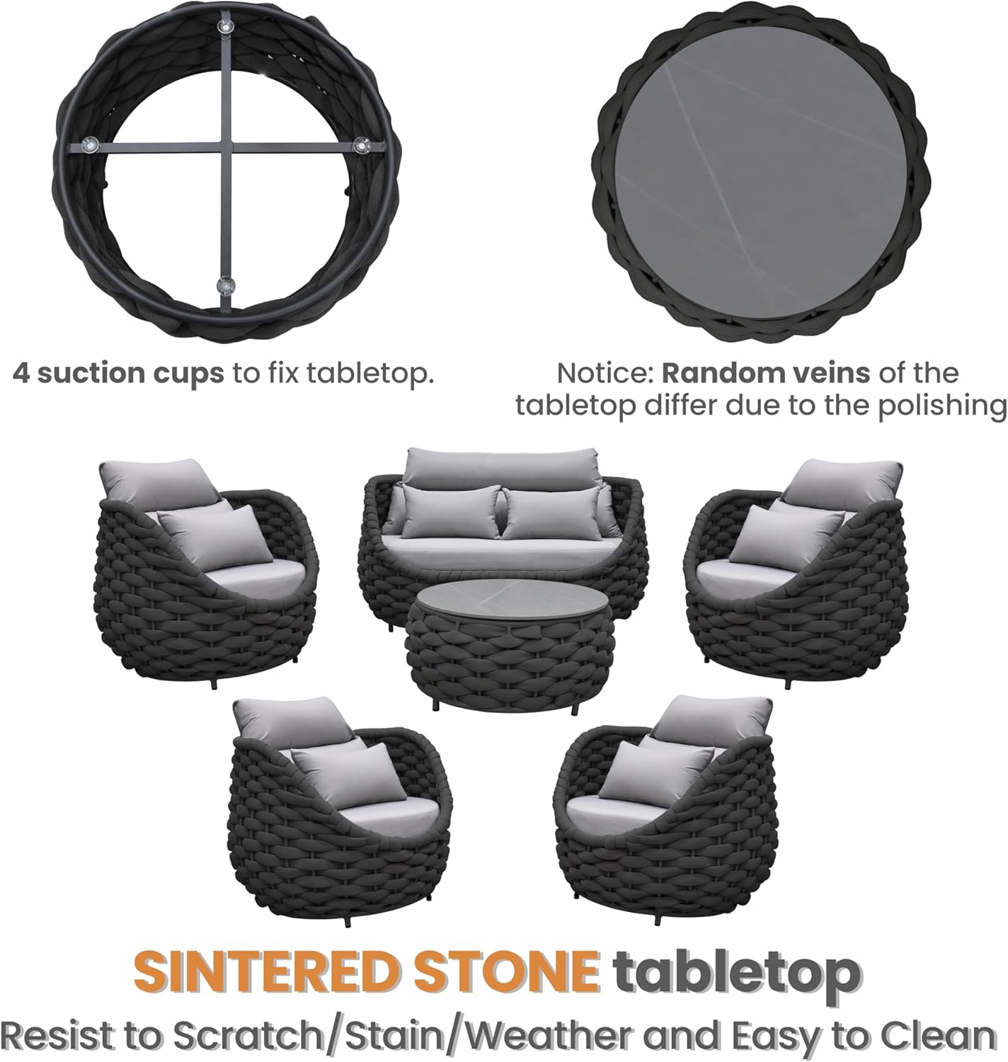 Aluminum Porch Outdoor Furniture Set: 6 Pieces Rope Patio Conversation Sofa Set - Modern Woven Deck Couch Set Cushioned - No Assembly All Weather Seating for 660lbs Yard Garden Lanai Hotel Pool