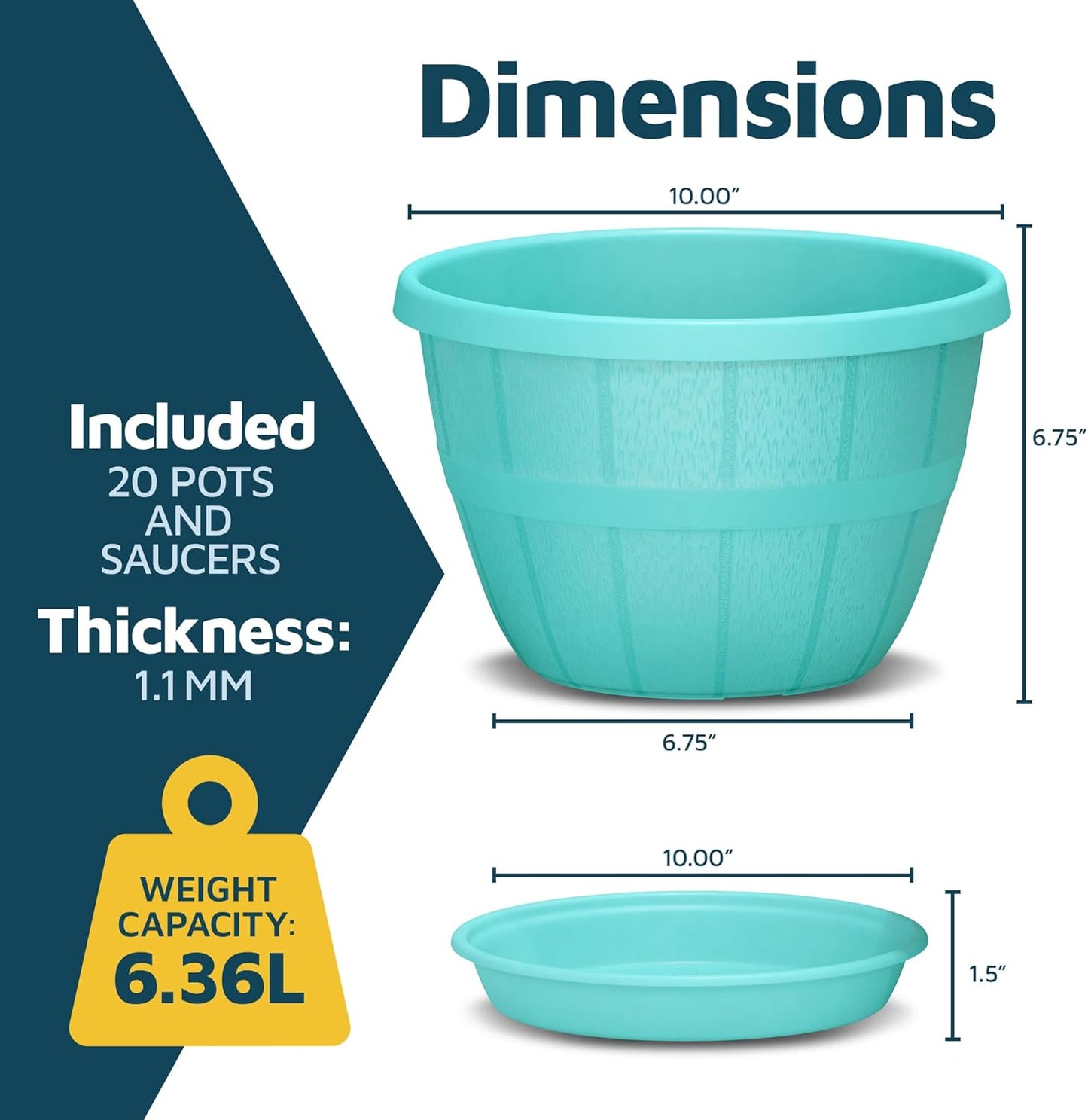 10-Inch Whiskey Barrel Planters Outdoor Pack of 20 - Durable Plastic Plant Pots for Indoor & Outdoor Use with Drainage & Saucer, Lightweight Rustic Barrel Planters for Flowers, Herbs & Small Plants