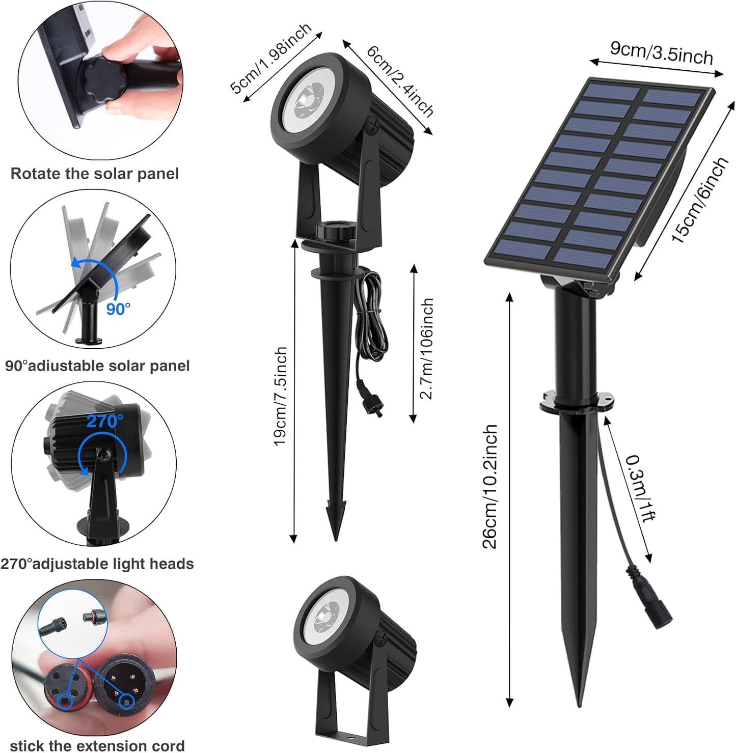 T-SUNUS Halloween Color Changing Solar Landscape Spotlights 2 Pack, IP65 Waterproof Christmas Lights 9.8ft Cable, Outdoor RGB Spot Light Separated Panel for Flag Tree Yard Garden Driveway Walkway Pond