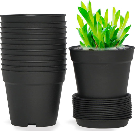 12 Pack 4 inch Plastic Planters, Seedlings Plant Nursery Pots with Drainage Holes and Saucers for Plants Flowers Succulent and All House Plants, Black