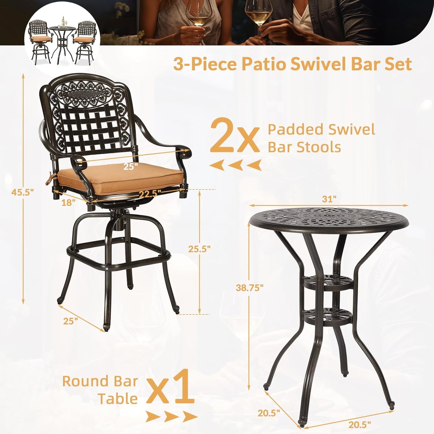 3-Piece Patio Swivel Bar Set, High Top Bar Table & Chairs, All-Weather Cast Aluminum Swivel Bar Stools (2) & 31" Table, Patio Bistro Set for Garden