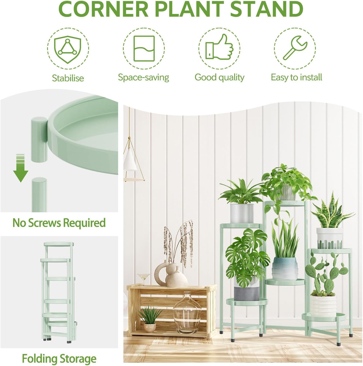 iDavosic.ly 6 Tier Large Plant Stand Indoor, 10 Inch Wide Tall Corner Metal Plant Stands Outdoor for Multiple Plants, Folding Tiered Flower Display Holder Rack Shelf, Light Green