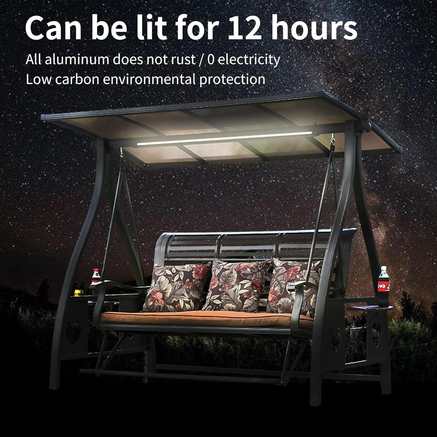 3-Seat Solar Outdoor Patio Swing Chair with Footrest Outdoor Porch Swing with Aluminum Frame Adjustable Tilt Canopy for Poolside Balcony Backyard (Floral Pillow + Red Cushion)