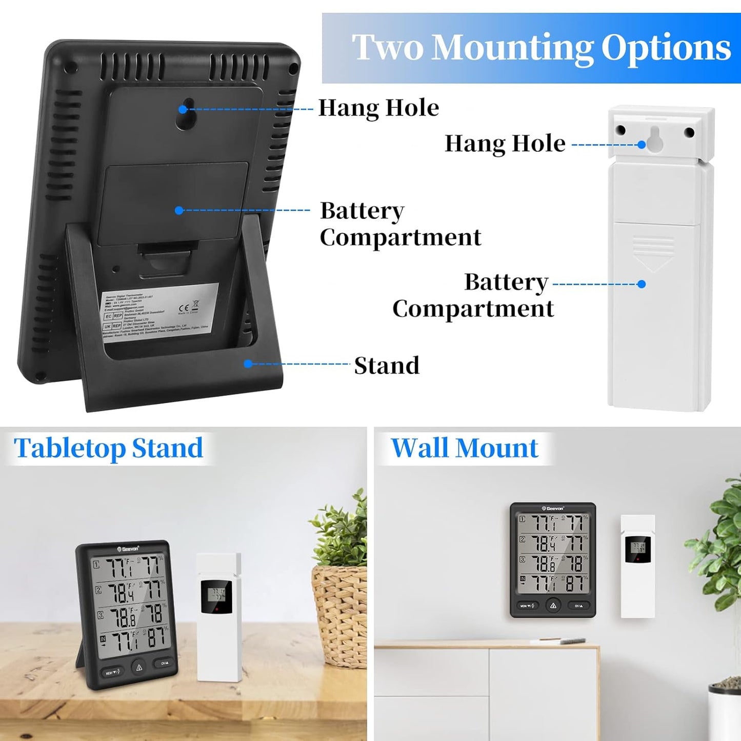 Geevon Indoor Outdoor Thermometer Wireless with 3 Remote Sensors, Digital Hygrometer Thermometer, Wireless Temperature Humidity Monitor Gauge with 200FT/60M Range (Black)