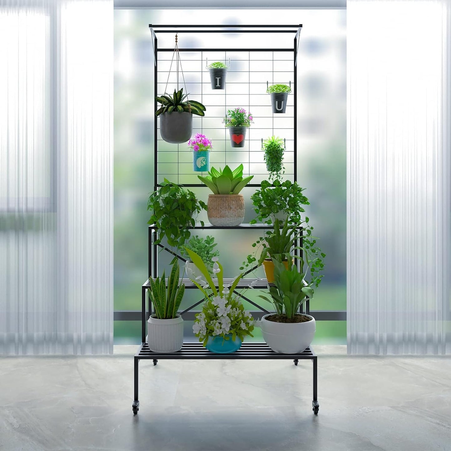 Zhongma 3 Tier Large Heavy Duty Plant Stand with wheels, Tall multi layer Plant Holder with Hanging Plant pot shelf, 35.43 x 33.27 x 80.7inch, Each Tier: 35.43 L x 10.5W, Easy to Hold Large Plant Pot