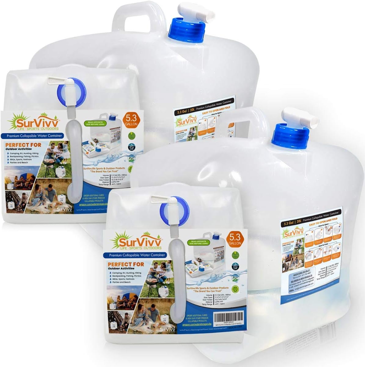 Collapsible Water Container with Spigot, BPA Free, Food Safe Camping Water Storage Cube Jug for Outdoor Hiking Hurricane & Emergency Survival Kit, Portable Foldable Canteen