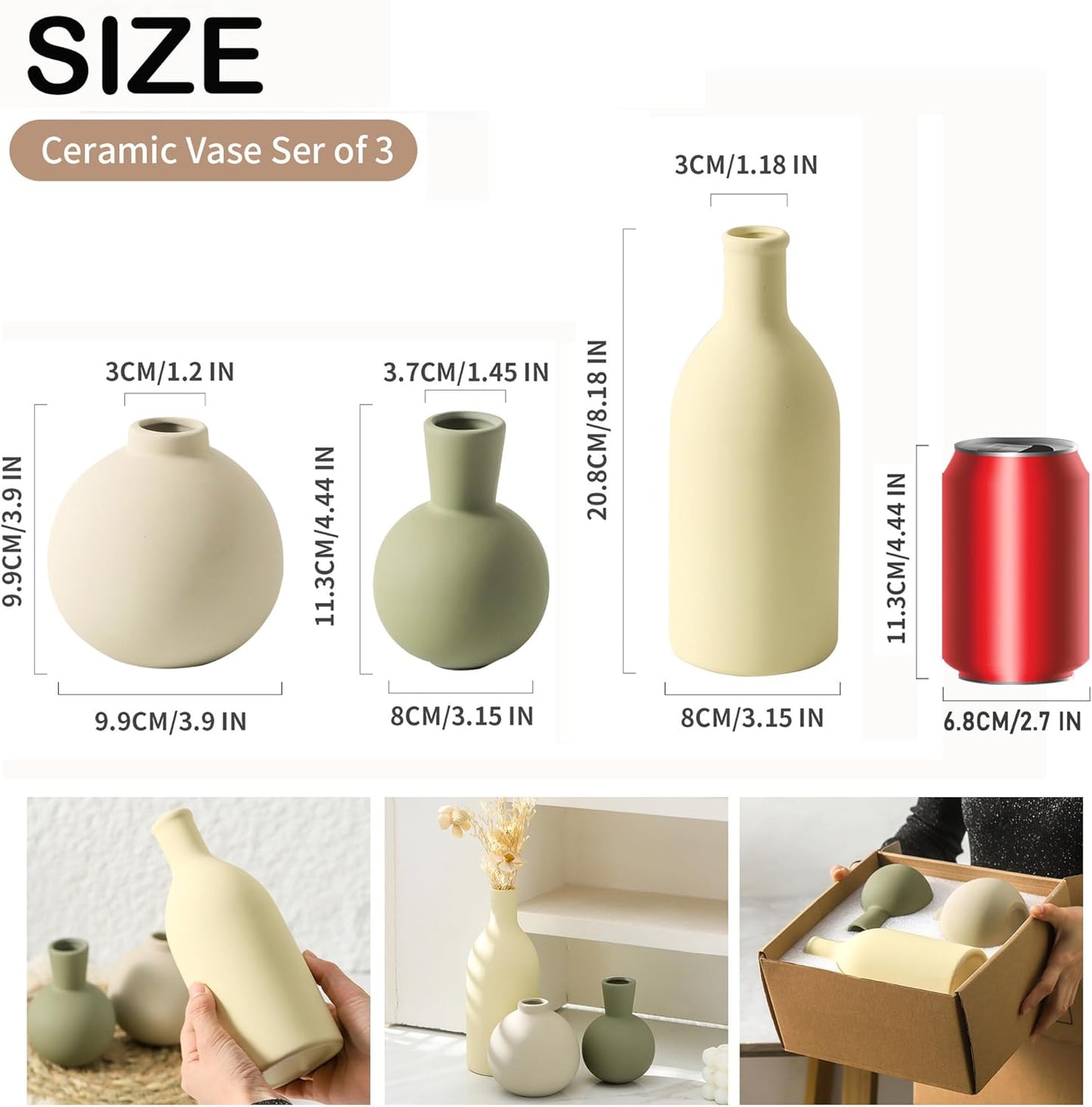 Vase Set of 3, Ceramic Vases Home Decor Flower Decorative Table Decor Vase Pottery Neutral Vases for Tray Table Mantel Living Room Kitchen Bedroom Bathroom Entryway -Light Color