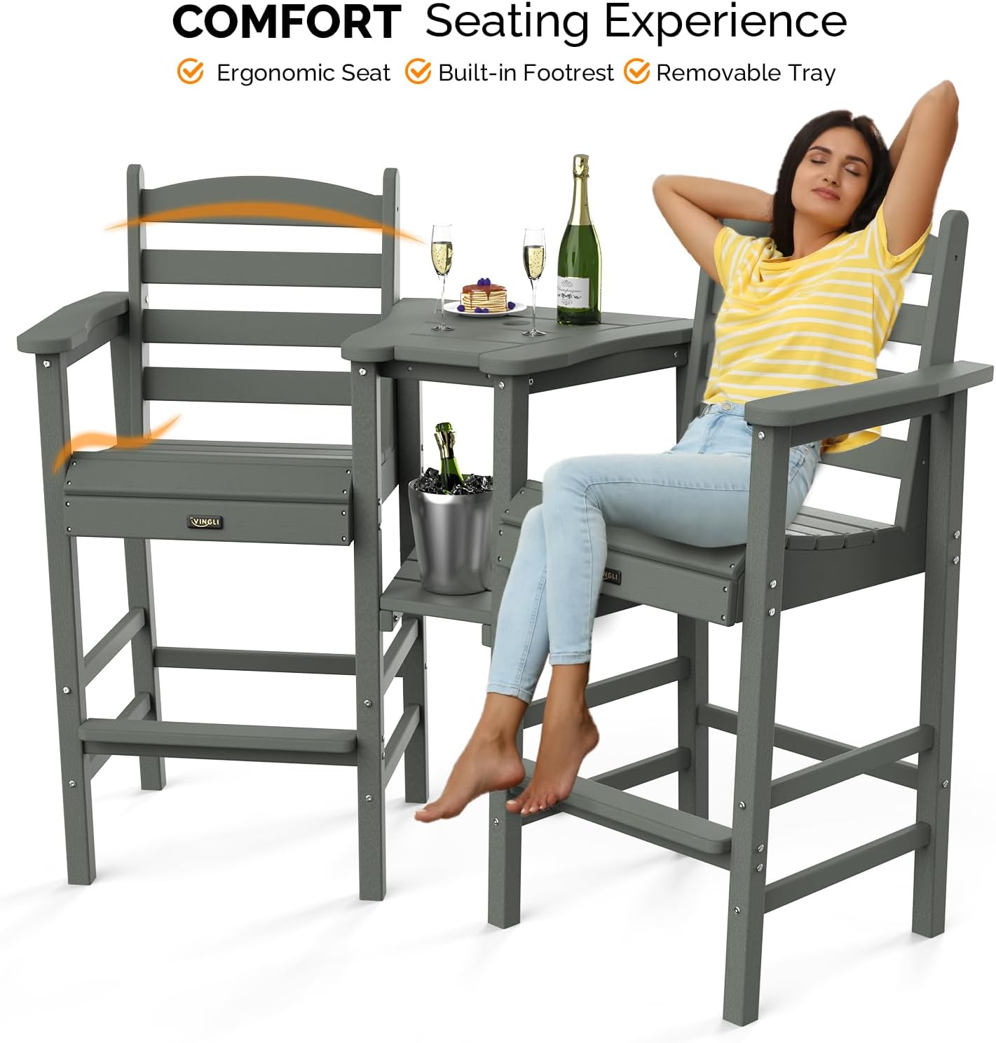 VINGLI Tall Adirondack Chairs Set of 2 with Removable Double Connecting Trays, HDPE Weather Resistance Outdoor Bar Stools Heavy Duty Patio Table and Chars Set Poly Deck Chairs for Pool Balcony (Gray)