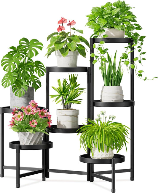 iDavosic.ly 7 Tier Large Plant Stand Indoor with 10 Inch Wide Tray, Tiered Corner Metal Outdoor Flower Display Holder Shelf, Folding Tall Rack for Patio Porch Living Room, Modern Black