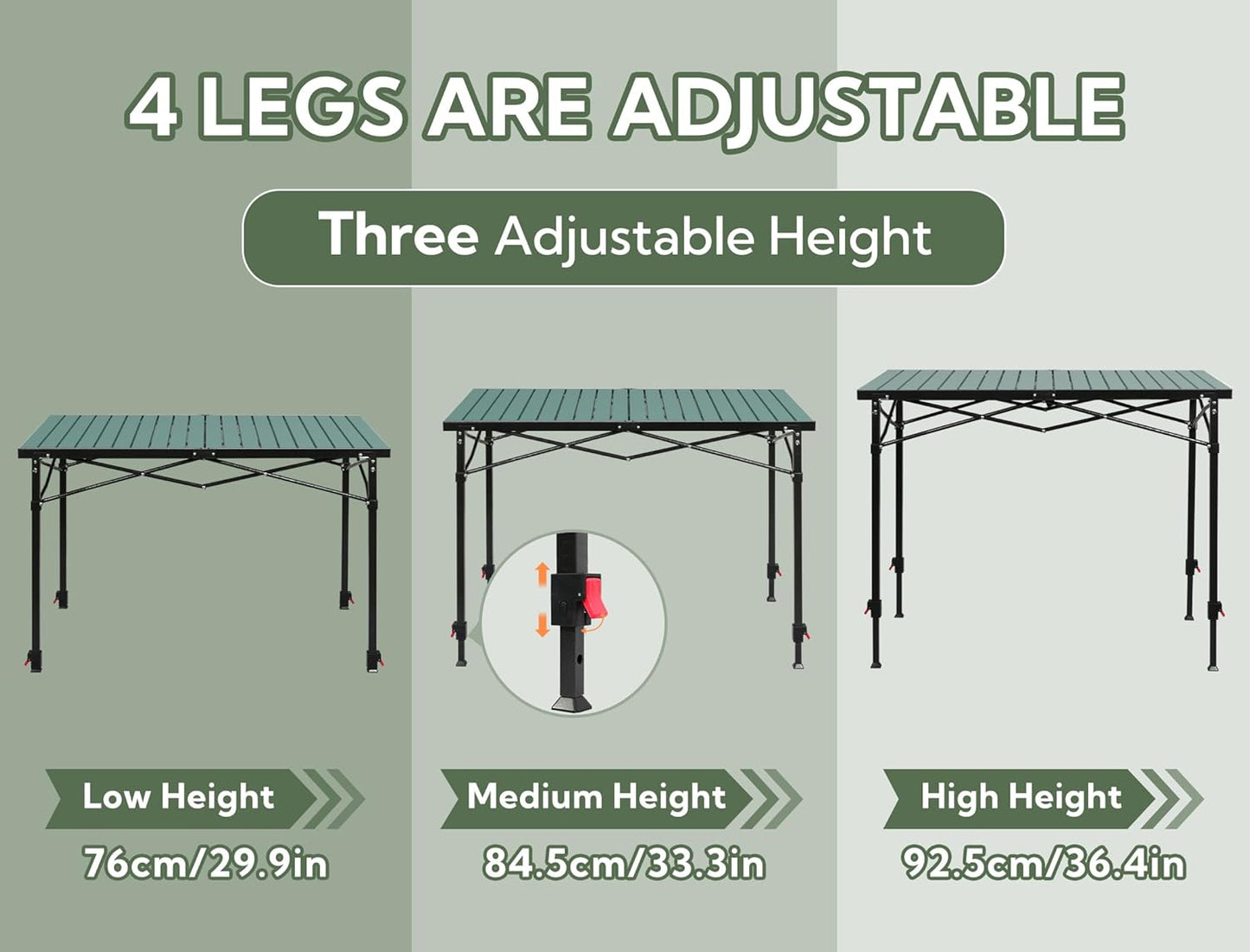 Portable Outdoor Adjustable Height Camping Table, Large for 2-6 Person, Foldable Roll-up Aluminum Camp Table with Carry Bag for Picnic, Camp, Sturdy, Stable, Loads 220 Lbs (Green)